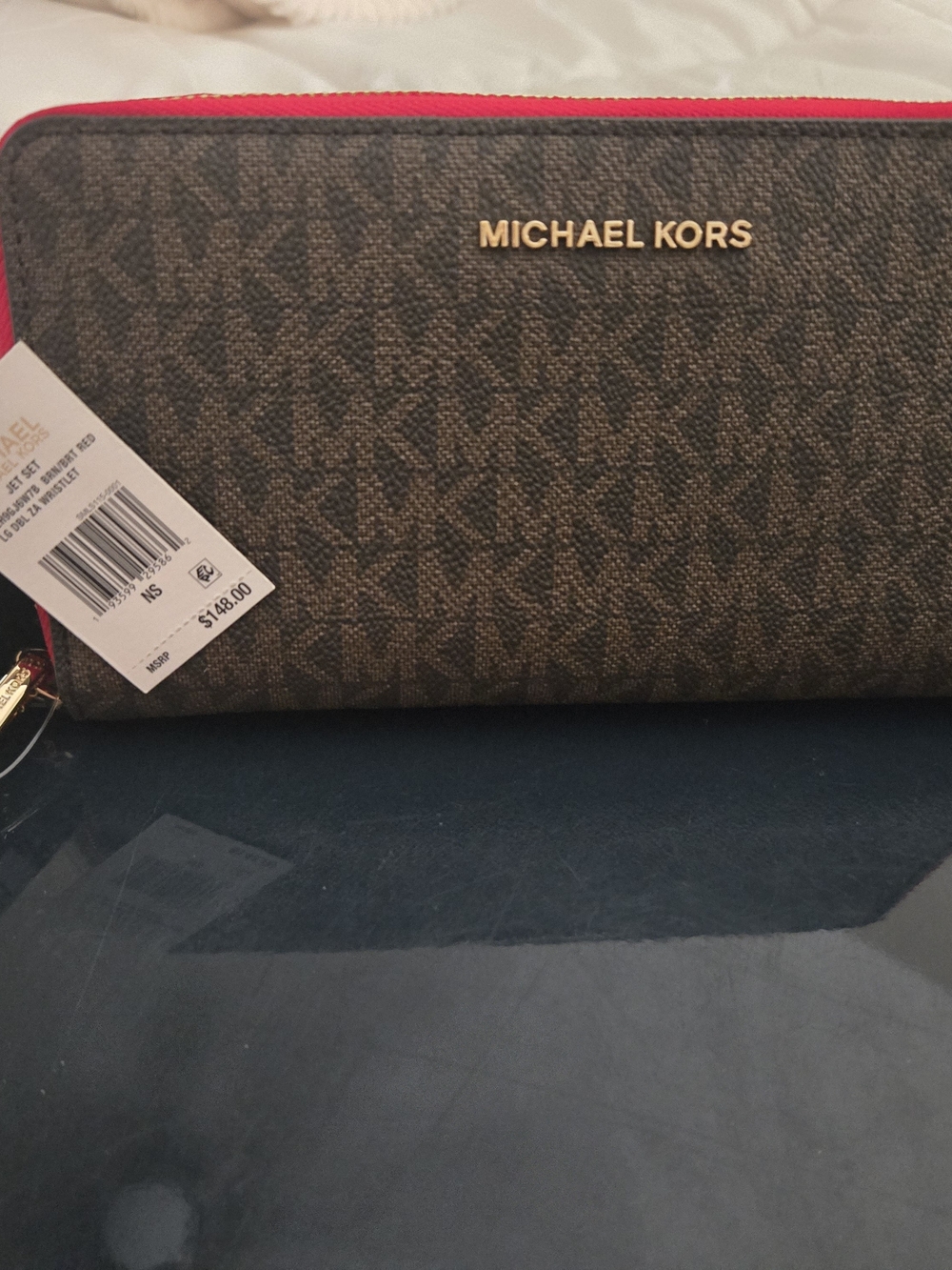 Michael Kors Women's Brown Logo Zip Wallet with Red Trim